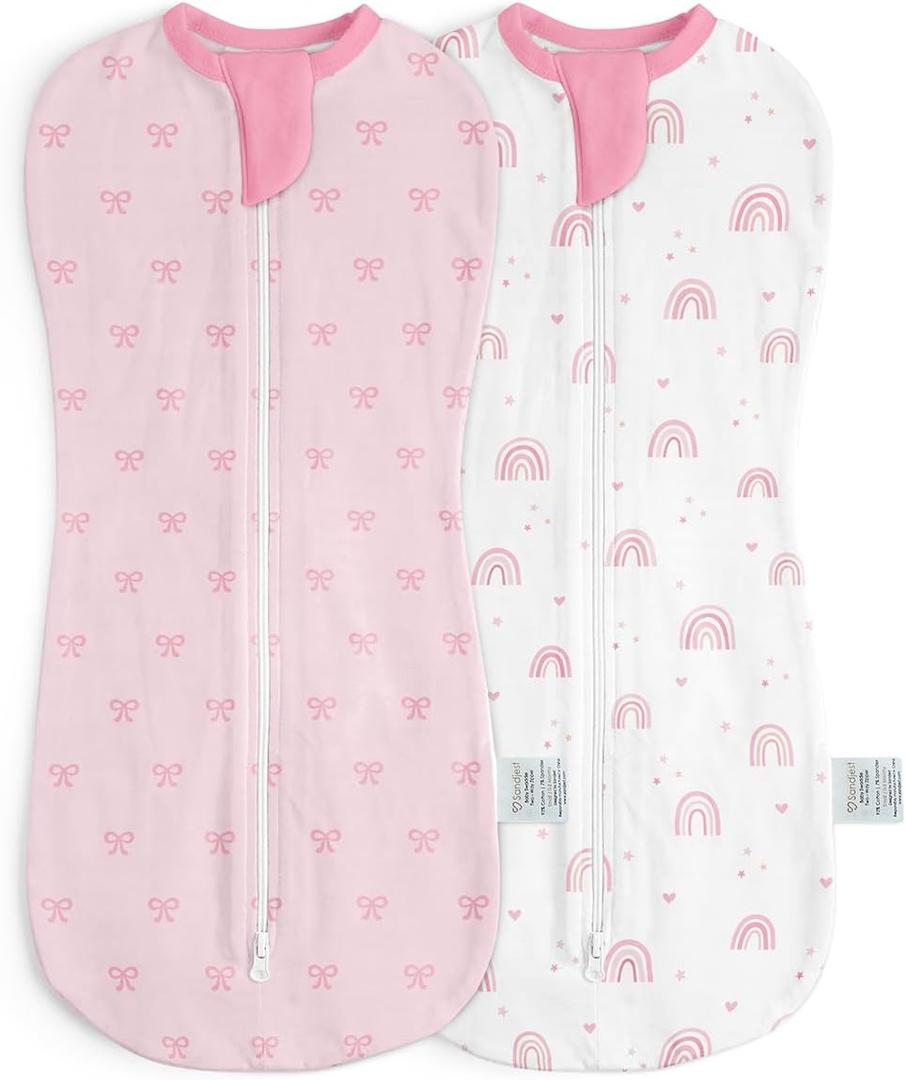 Baby Swaddle 0-2 Months, Cotton Arm-In Zipper Sleep Sack, Wearable Blankets Wrap for Newborn Infant Girls (Bow, Rainbow, Pack of 2)