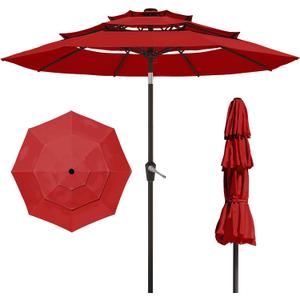 Patio Kingdom 10FT Patio Umbrella 3 Tiers Outdoor Market Umbrella w/Push Button Tilt, Crank, UV and Waterproof Table Umbrella for Garden, Pool, Backyard, Deck, Lawn, Red