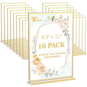 EHWINE 16 Pack Acrylic Sign Holder 8.5 x 11, Double-Sided Tabletop Gold Sign Holder, Clear Acrylic Picture Frame Menu Flyer Paper Holder Display Stand for Home Wedding Party (with Non-Slip Pads)