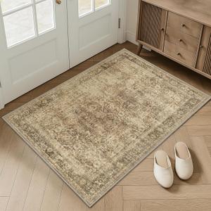 FMFUNCTEX Entryway Rug 2x3 Washable Brown Vintage Distressed Door Mat Non Slip Low Pile Indoor Carpet Soft Retro Floral Small Throw Area Rugs for Entry Way Entrance Bedroom Kitchen Bathroom Laundry