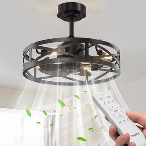 20" Fandelier Ceiling Fan with Light, Caged Bladeless Ceiling Fans with Remote, Farmhouse Downrod Mount Fan for Bedroom, Kitchen, Living Room, Black