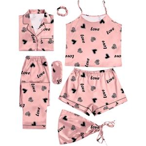 LYANER Women's Pajamas Set 7pcs Silk Satin Sleepwear Loungewear Cami Shirt Pj Set (Heart Pink), S