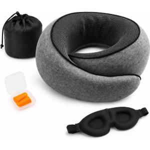 Travel Pillow for Airplanes for 100% Pure Memory FoamErgonomic Contoured Support Neck Pillow,Compact Sleep Essential for Cars, Office Naps & Home Use, Includes Eye Mask, Earplugs