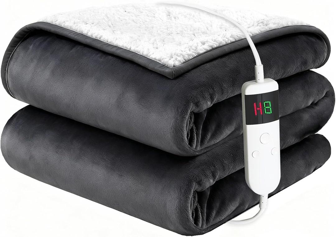 Electric Blanket Heated Throw, Soft Flannel 50"x60" Heating Blanket with 8 Hours Auto Off 10 Fast Heating Levels Machine Washable Sherpa Heated Blanket with Overheating Protection
