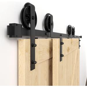 WINSOON 5FT Bypass Sliding Barn Door Hardware Kit Single Track for Double Doors, Big Spoke Wheel, Heavy Duty, One Piece Rail Low Ceiling