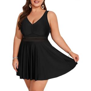 Hanna Nikole Womens Plus Size Swim Dress Swimsuits Two Piece Mesh Front Tankini Bathing Suits Flowy Swimwear with Boyshorts (Black)