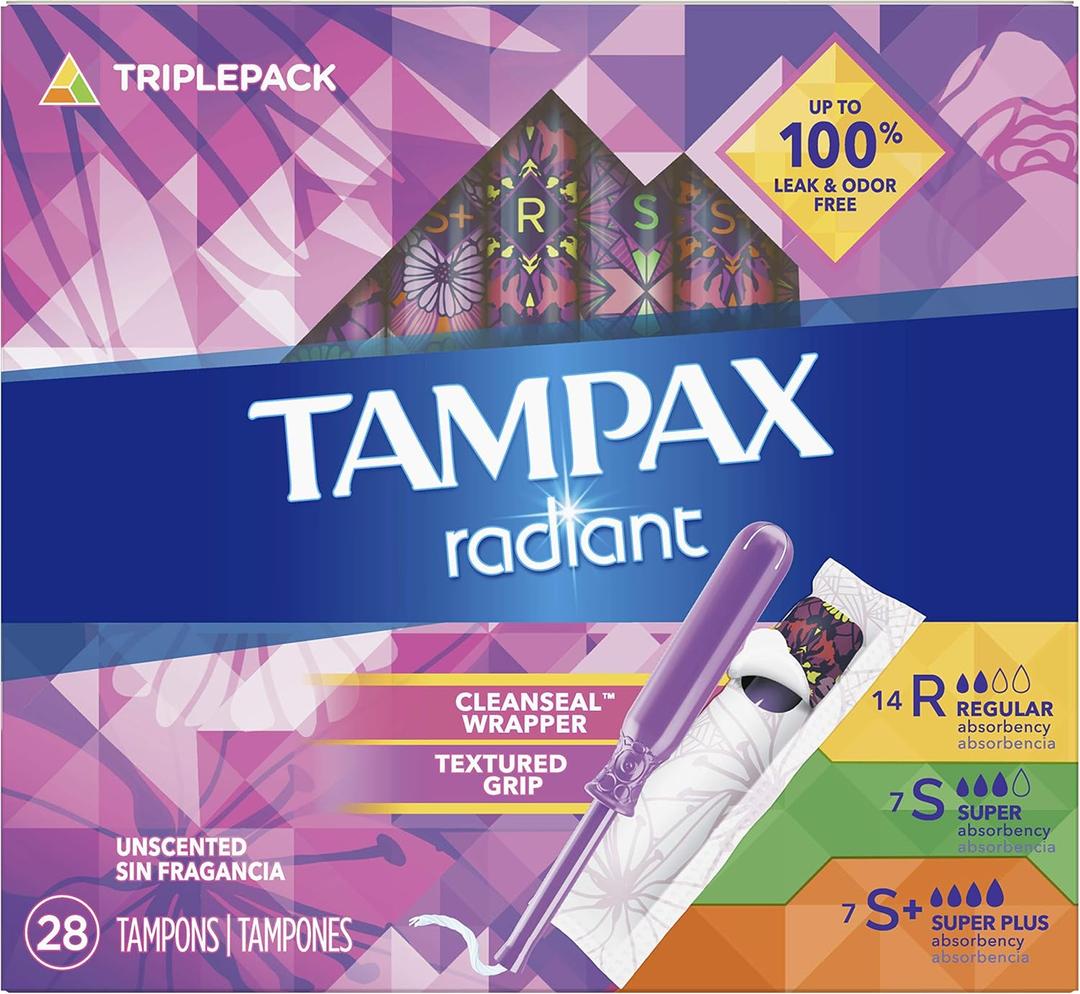 Tampax Radiant Tampons Trio Pack Regular/Super/Super Plus Absorbency, Unscented, 28 Count