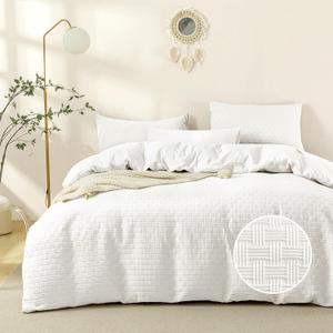JELLYMONI Duvet Cover King Size Waffle Weave Duvet Cover Set White 3PCS Soft Polyester Tufted Textured Breathable Knitted Jacquard Striped Comforter Cover with Corner Ties & Zipper Closure (King(104"90"))
