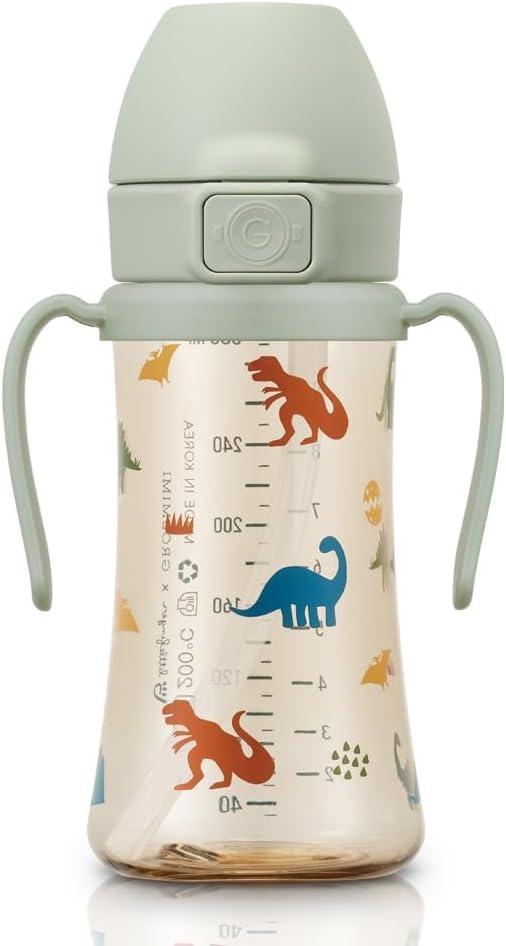 GROSMIMI Flip Top Spill Proof Sippy Cup, PPSU, BPA Free, 10 oz, Stage 2 Straw for Toddlers (Dinosaur)
