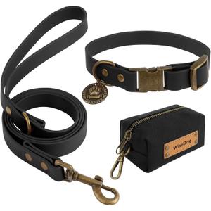 Wisedog Waterproof Dog Collar and Leash Set, Adjustable Puppy Collar with Cute Tag 4FT Dog Leash with Poop Bag for Small Dogs (S, Black)