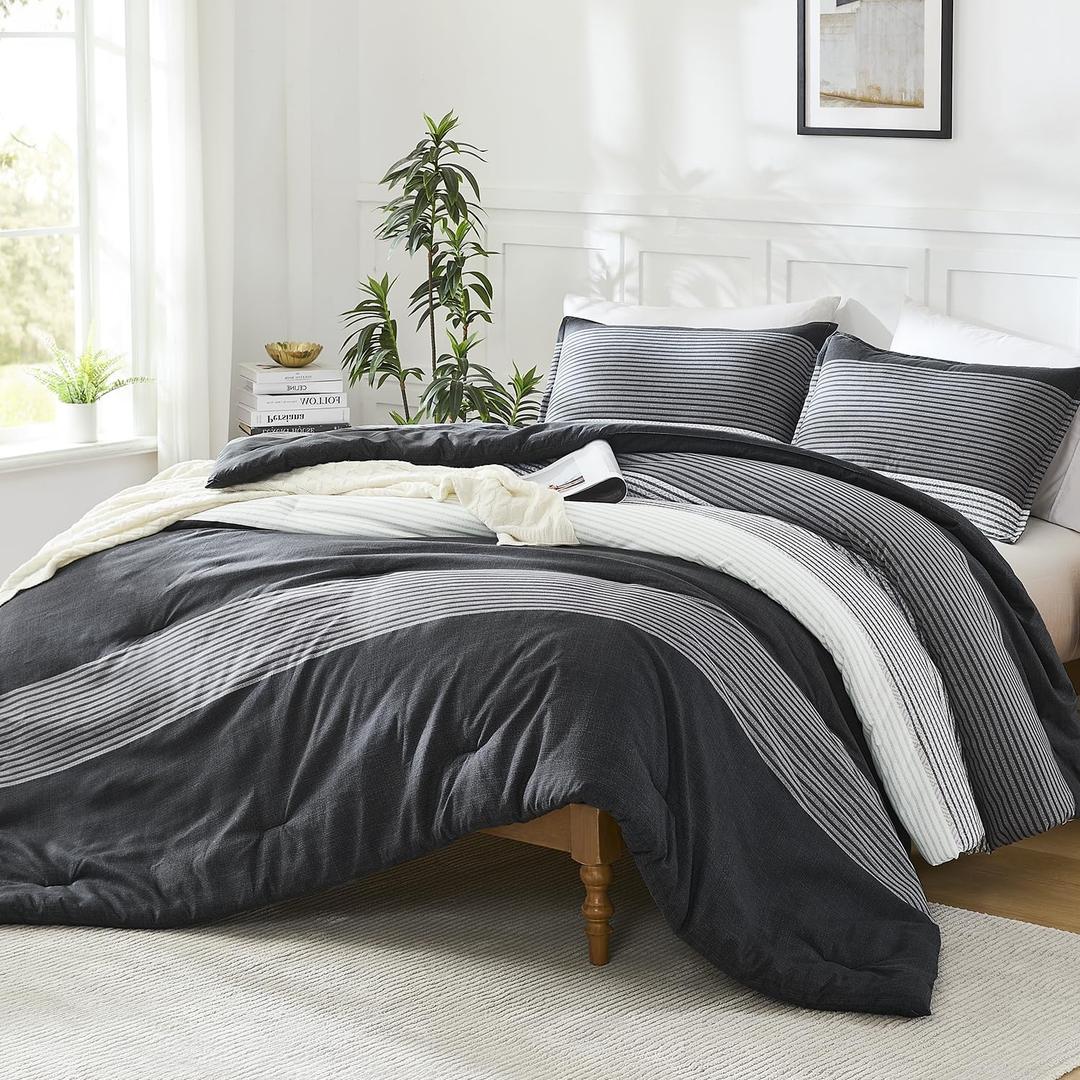 Litanika Oversized King Comforter Set Black White Grey 128x120-3 Pieces Lightweight Colorblock Stripe Fluffy Bedding Comforter Sets, All Season Bed Set
