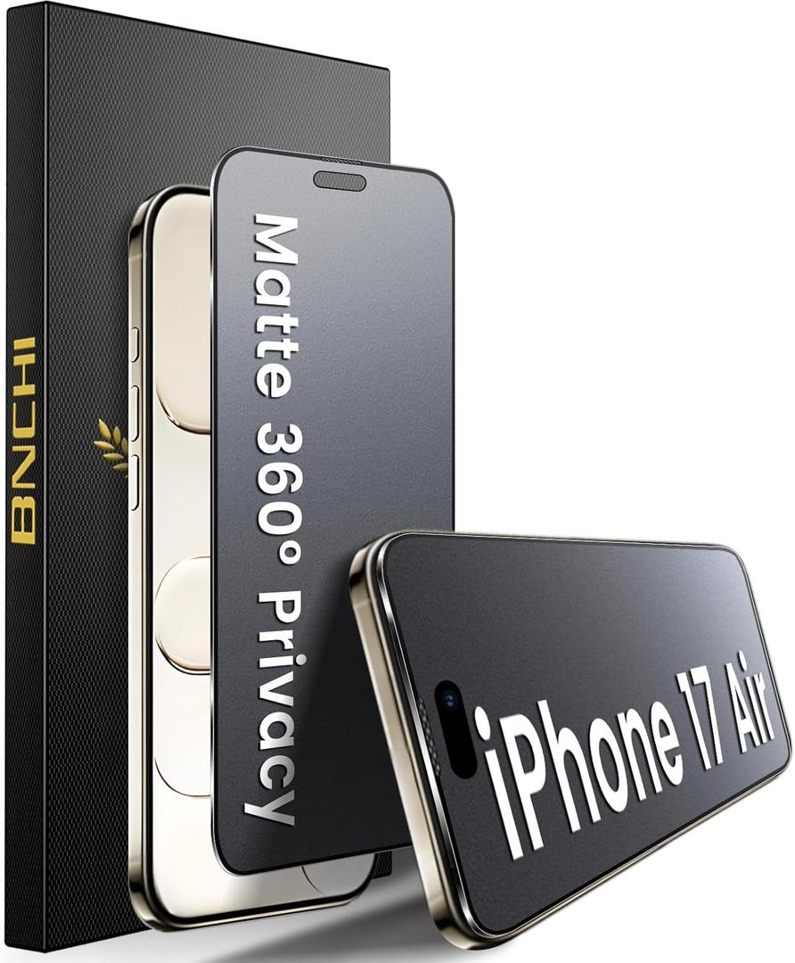 BNCHI 2 Pack for iPhone 17 Air 360 Privacy Matte Screen Protector, Horizontal and Vertical All Around Anti-Spy 9H Tempered Glass Film, Anti-Glare, Smooth as Silk, Scratch Resistant