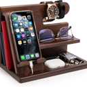 TESLYAR Wood Phone Docking Station for Men - Desktop or Nightstand Organizer - Birthday Gifts for Men, Dad - Anniversary Idea from Wife - Key Holder, Stand Wallet, Watch & Essentials (Bourbon Brown)