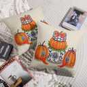 Blue Orange Fall Thanksgiving Pillow Covers 18X18 Set of 2, Autumn Pumpkin Print Chinoiserie Decorative Throw Pillow Covers Outdoor Farmhouse Seasonal Cushion Cases Couch Sofa Bed Decor
