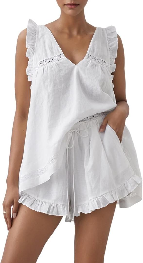 Womens Ruffle Short Set 2 Piece Outfits Fashion Summer Sleeveless Lace Trim Top and Shorts Cotton Pajama Sets (White, S)