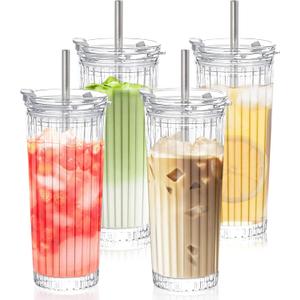 18 oz Ribbed Glass Tumbler with Straws and Lids 4 Pack Glassware Set Thickened Glass For Matcha Iced Coffee Juice Cocktails Drinking Glasses Tumbler