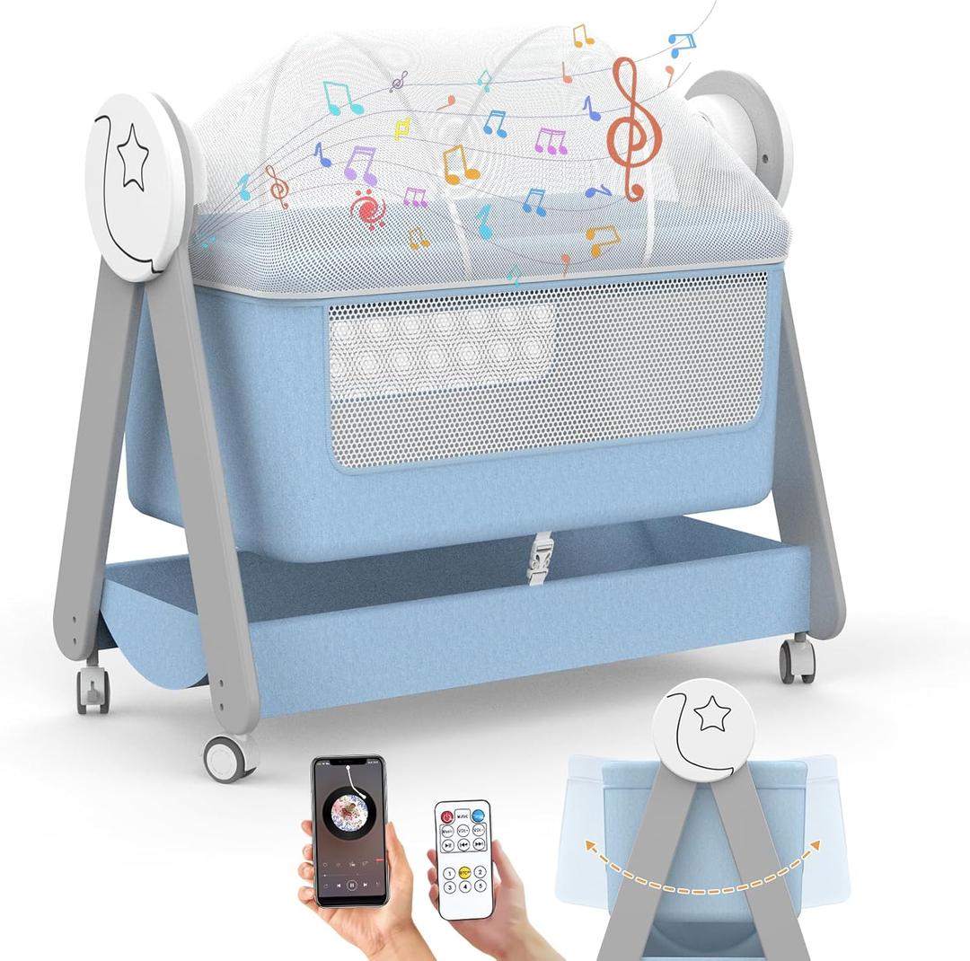 Electirc Baby Bassinet, Rocking Baby Bassinets Bed Sleeper for Newborn with Remote Control,Smart Baby Crib with Wheels, Portable Baby Cradle for Infant with 3-Speed Swing and Timer,Bluetooth(Blue)