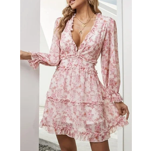 Dokotoo Women's Spring Summer Deep V Neck Ruffle Floral Flowy Mini Dress, S