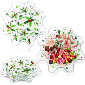 Tioncy 4 Pcs Christmas Holly Leaves Plastic Dish 8 Inch Holly Leaves and Red Berries Bowls Xmas Serving Tray for Christmas Party Decorations and Home Use