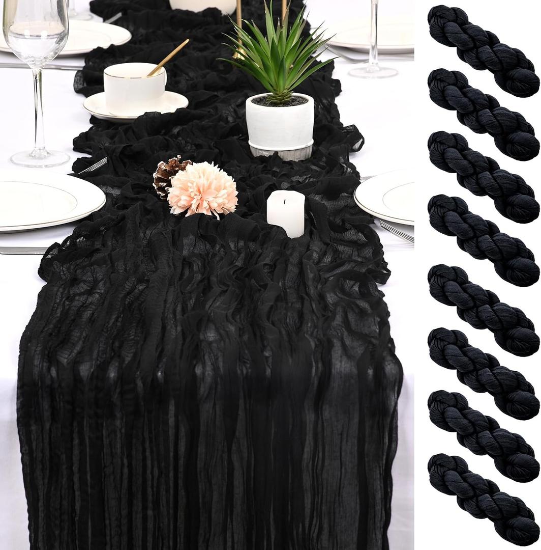 8 Pack Black Cheesecloth Table Runner 17x108 inch Boho Gauze Cheese Cloth Table Runners for Wedding Party Baby Bridal Shower Home Decor