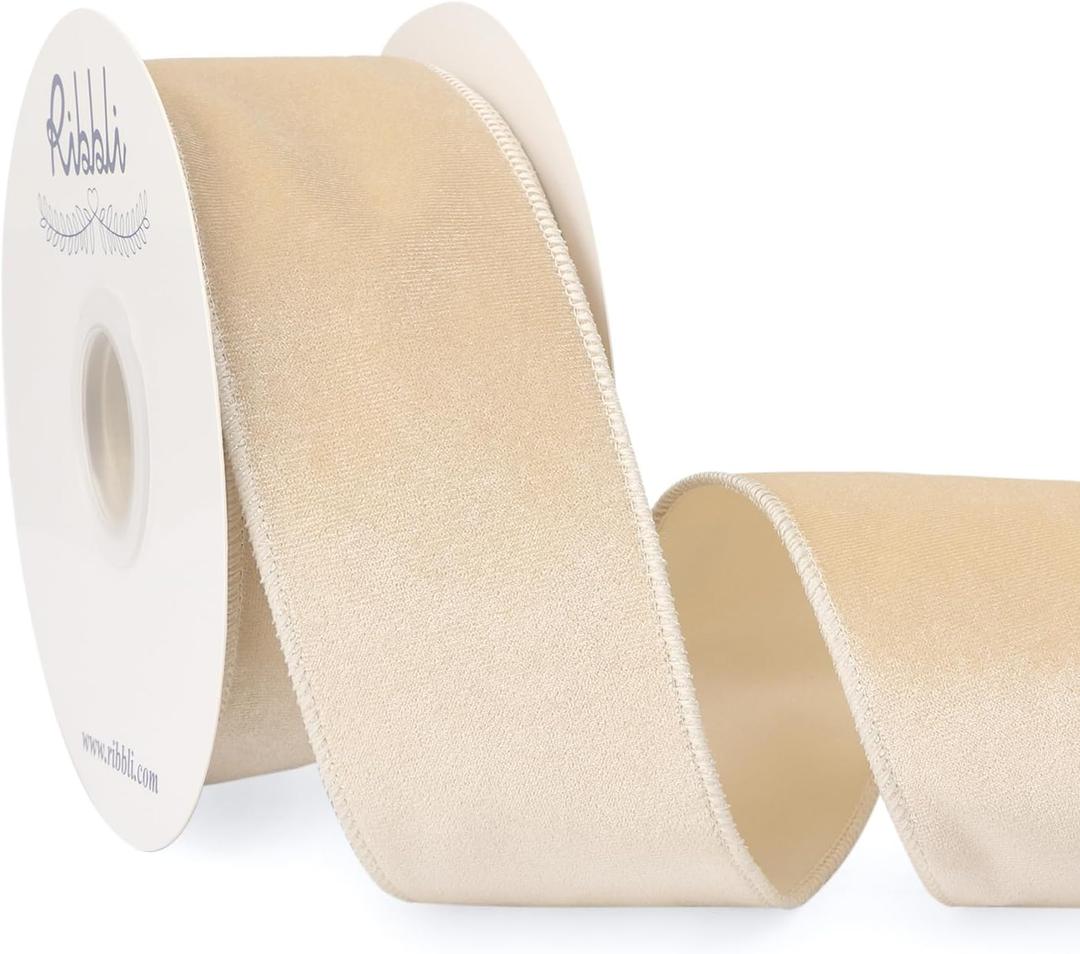 Ribbli Ivory Velvet Wired Ribbon 2.5 Inch Velvet with Satin Christmas Ribbon for Gift Wrapping Christmas Tree Decoration Crafts Wreaths Supplies-Continuous 10 Yards