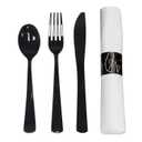 Party Essentials Pre-Rolled Disposable Extra Heavy Duty Plastic Cutlery Kit with Black Fork/Knife/Spoon and 3-Ply White Napkin (Case of 100 rolls)