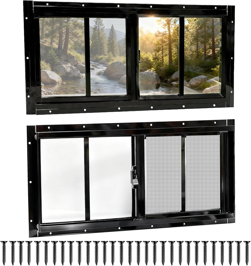 NeatiEase 2 Pack Sliding Windows, 8"x16" Shed Windows with Tempered Glass and Removable Fiberglass Screen for Chicken Coop, Shed, Basement, Playhouse, Household, Garage, Barns (Black)