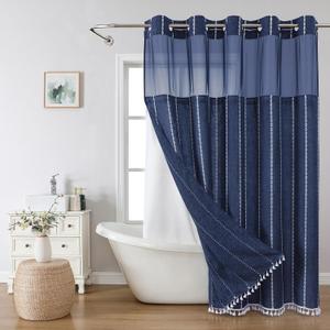 eachope No Hook Boho Farmhouse Shower Curtain with Snap-in Liner Set,Linen Rustic Heavy Duty Striped Fabric Shower Curtain with Tassel,Hotel Style Cloth Shower Curtains for Bathroom,Navy Blue,71x74