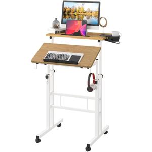 Klvied Mobile Standing Desk with Removable Cup Holder, Portable and Easy to Move, Ideal for Home or Office, Khaki