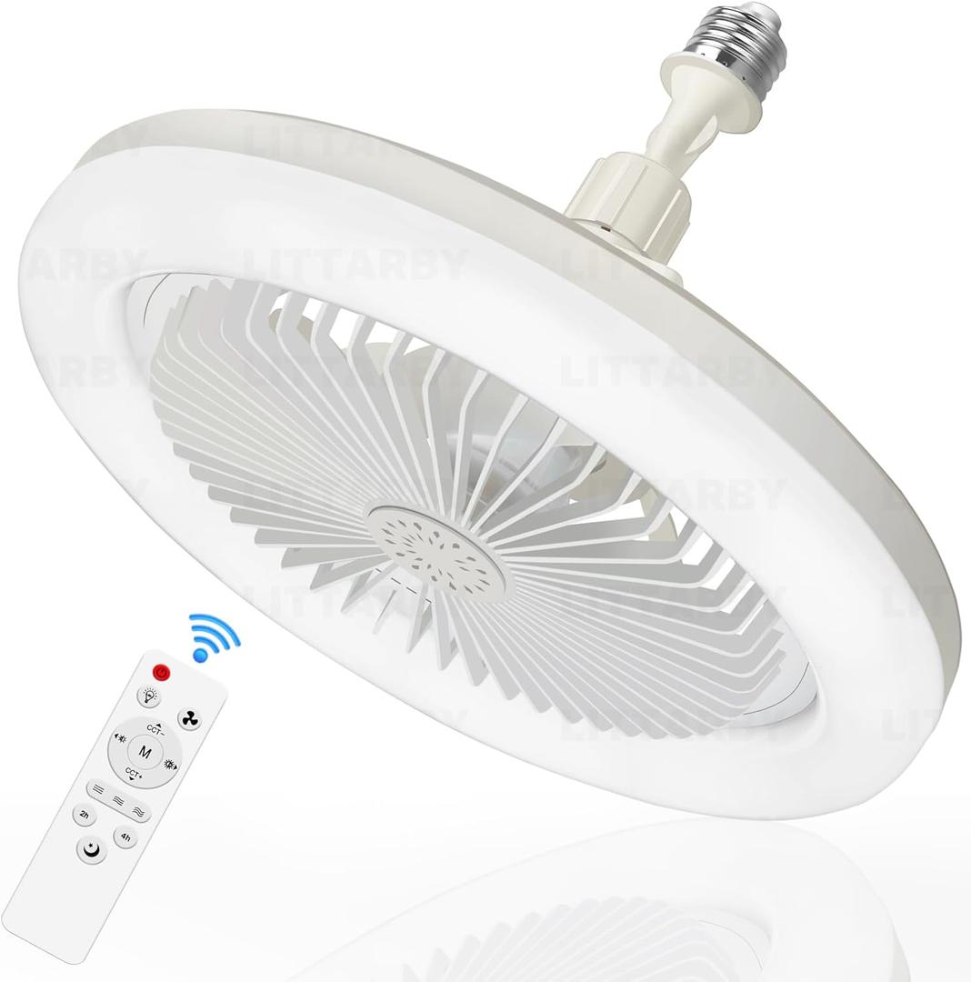 Socket Fan Light with Remote Control, 3 Colors 3000K-6500K Dimmable LED Light Bulb Fan Screw in Ceiling Fan for Bedroom, Kitchen, Storage Room, Closet, Wireless Small Ceiling Fans with Lights - White-Small