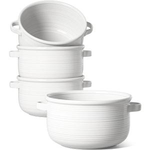LE TAUCI Soup Bowls with Handles - 28 oz Lead-Free Ceramic French Onion Crocks, Oven and Microwave Safe, Heat-Resistant Design, Stackable, Dishwasher Safe, Set of 4, White