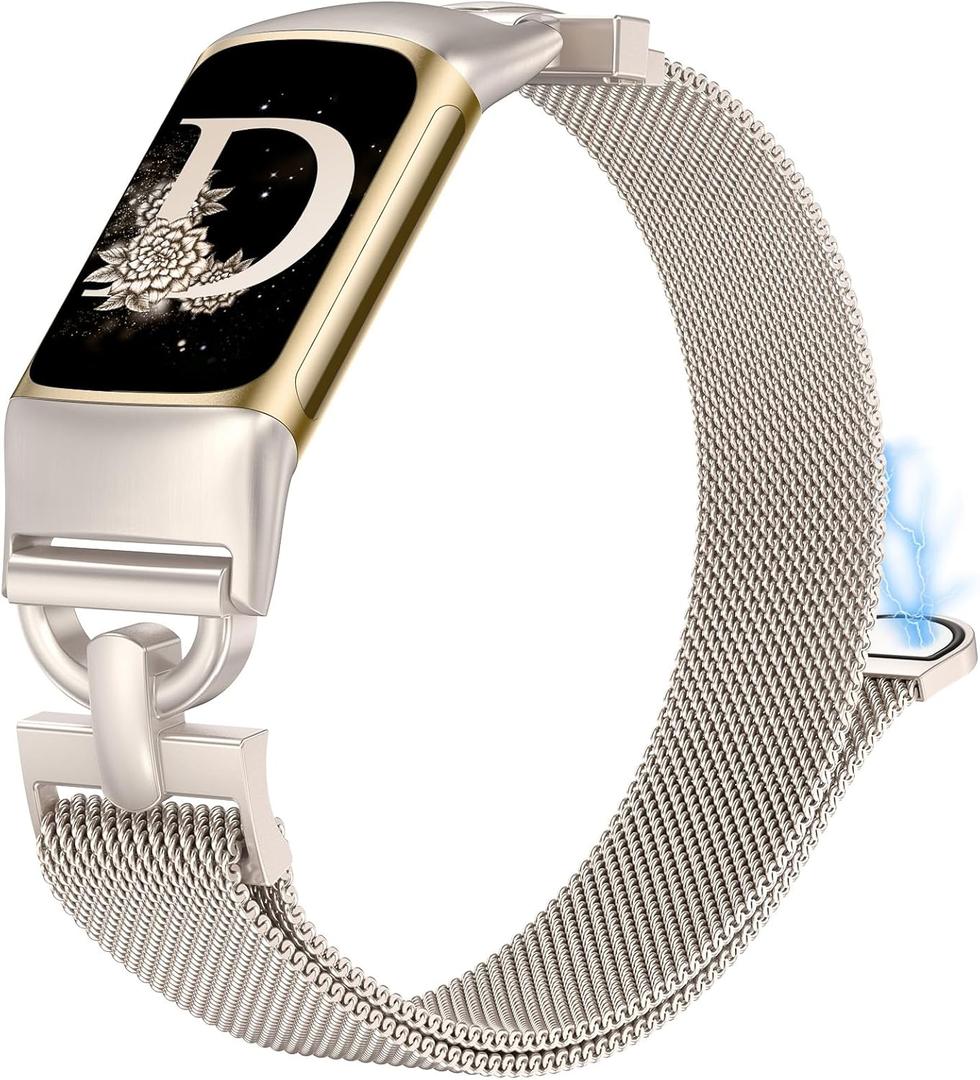 Stainless Steel Magnetic Loop Compatible with Fitbit Charge 6/Charge 5 Bands for Women, Slim Metal Mesh D-shaped Clasp Dressy Wristband Strap Replacement for Charge 6/Charge 5 Band