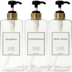 Modern Gold Design Shampoo and Conditioner Dispenser, Large 27oz Shower Soap Dispenser, Set of 3 Refillable Empty Plastic Pump Bottles for Bathroom (6 Waterproof Labels Included), (Clear & Black)