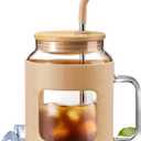 50 oz Glass Water Bottles with Silicone Sleeve,Glass Tumbler with Lid and Straw,Iced Coffee Cup with Handle,BPA Free-Amber