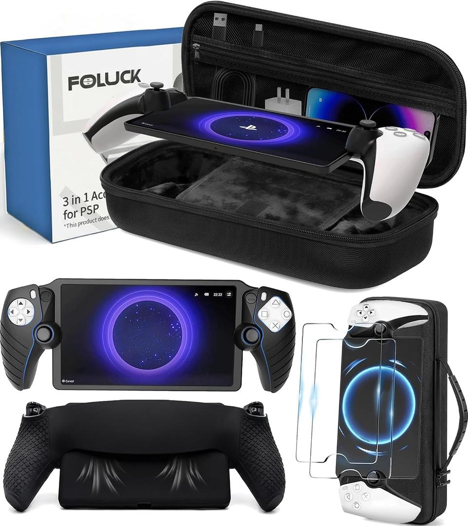 Foluck 3 in 1 Carrying Case for PlayStation Portal Remote Player, EVA Hard Case for PS5 Portal with Soft Silicone Protective Cover Skin Case, 2 Screen Protector, PS5 Portal Console Accessoris Bundle