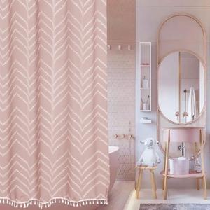 Extra Long Pink Boho Shower Curtain with White Tassel, Woven Fabric Cute Shower Curtain, Tufted Chevron Striped, 72 x 78, Modern Chic Textured Minimalist Bathroom Shower Curtain