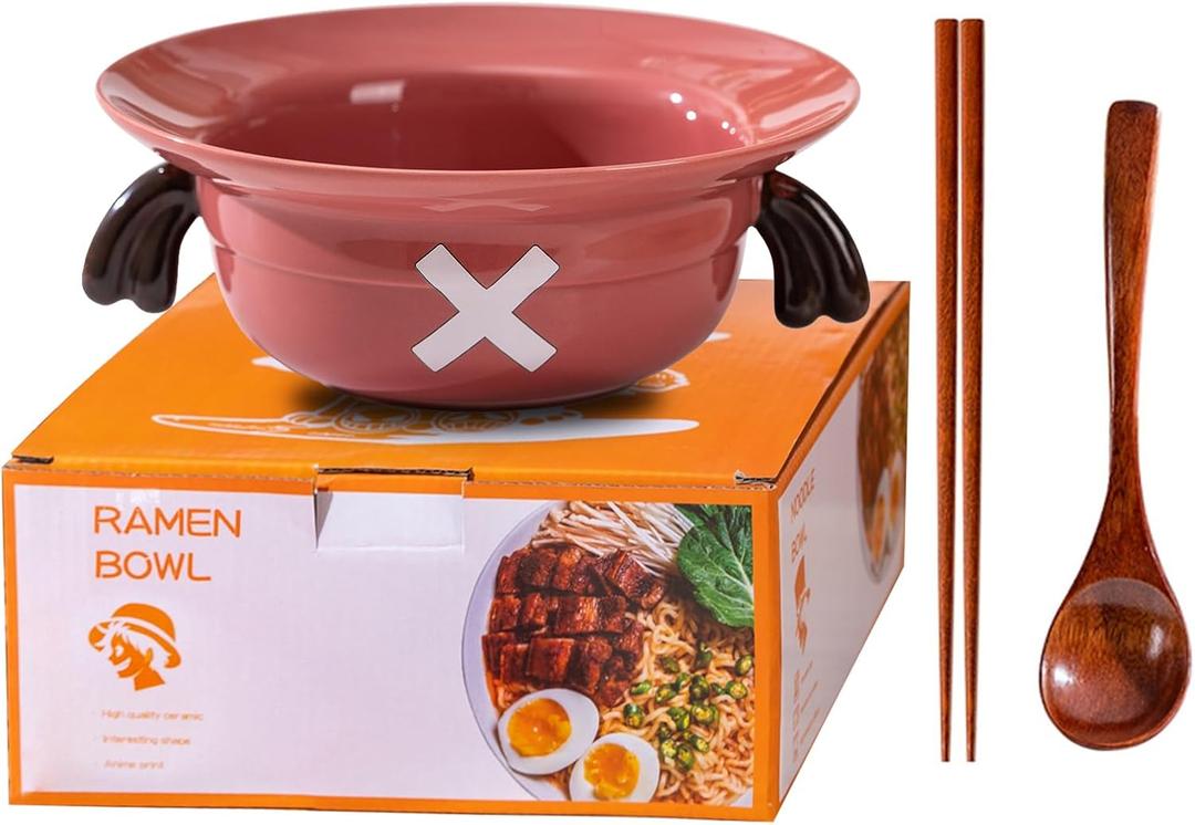 Straw Hat Ramen Bowl (Ceramic Bowl + Wooden Spoon + Chopsticks) for Anime Fans (Antlers)