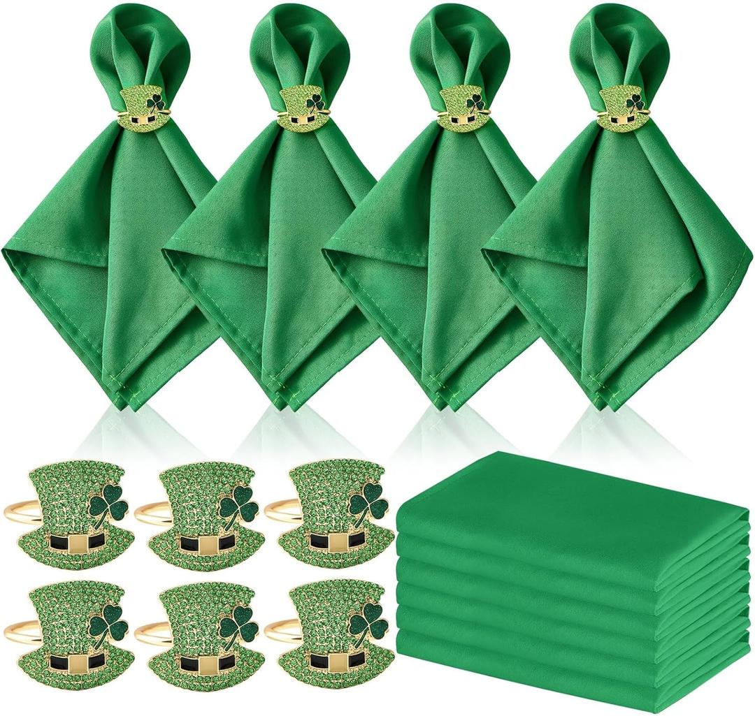 12 Pcs St Patrick's Day Napkin Rings and St Patrick's Day Cloth Napkins-Metal Napkin Rings Holders Set of 6 & 6 Pcs Green St Patricks Day Napkins Cloth for St Patricks Day Table Decoration