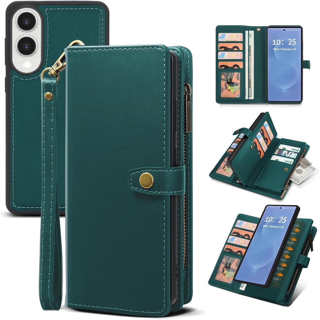 TwoHead for Samsung Galaxy S25 Edge Wallet Case with Card Holder, Detachable Magnetic Phone Case for S25 Edge,PU Leather All-Round Protective Phone Case Wallet with Wrist Strap(6.7 in,Green)