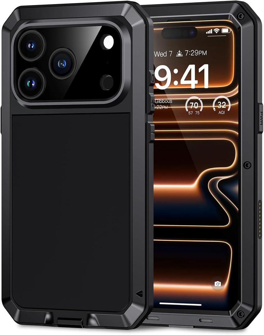 Lanhiem for iPhone 17 Pro Max Metal Case, Built-in Glass Screen Protector, Heavy Duty Shockproof Case [Military-Grade Full Protective] Tough Rugged Phone Cover for 17 Pro Max 6.9", Black