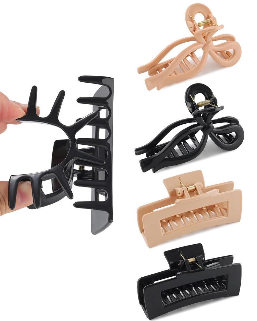 Lourny Silicone Hair Clips for Women, 4 PCS Non-Slip Strong Hold Flexible Cloud Claw Clips for Thin or Thick All-Day Comfort Large Bow Hair Clips(Black+light khaki+dark khaki)