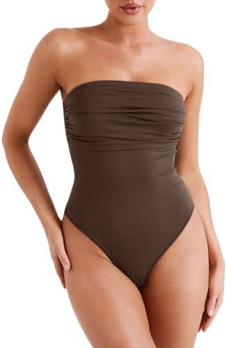 REORIA Women's Sexy Strapless Ruched Bodysuit Tube Top Sleeveless Trendy Body Suits L, Brown