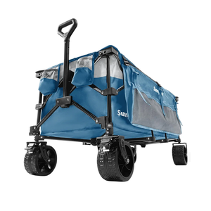 SUNNYFEEL 49''L 550lbs Heavy Duty Wagon Cart Foldable with Wheels,Extra Long Fold Up Wagons Carts with Side Pocket and Brakes for Camping Sports Garden Shopping (Blue)