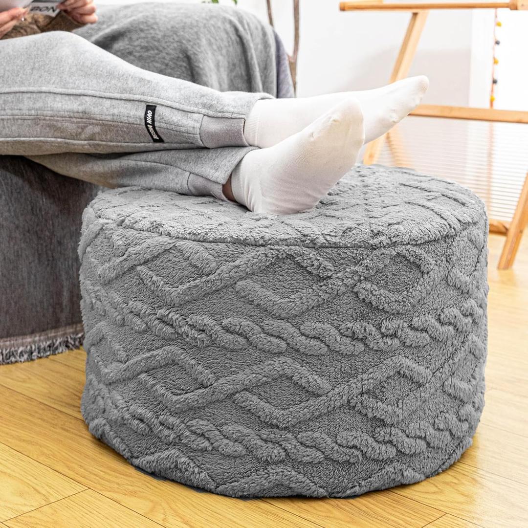 Pouf Ottoman Stuffed 20x20x12 Inches Floor Pouf Plush Fiber Ottoman Foot Rest Under Desk Foot Stool for Living Room Bedroom (Light Gray Pouf with Filler)