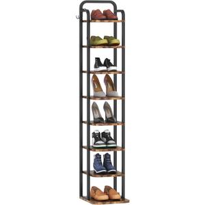 Vertical Shoe Rack, Shoe Shelves with 2 Hooks, Wood Shoe Organizer for Entryway, Shoe Tower for Small Spaces, Free Standing (Rustic Brown, 8 Tier)