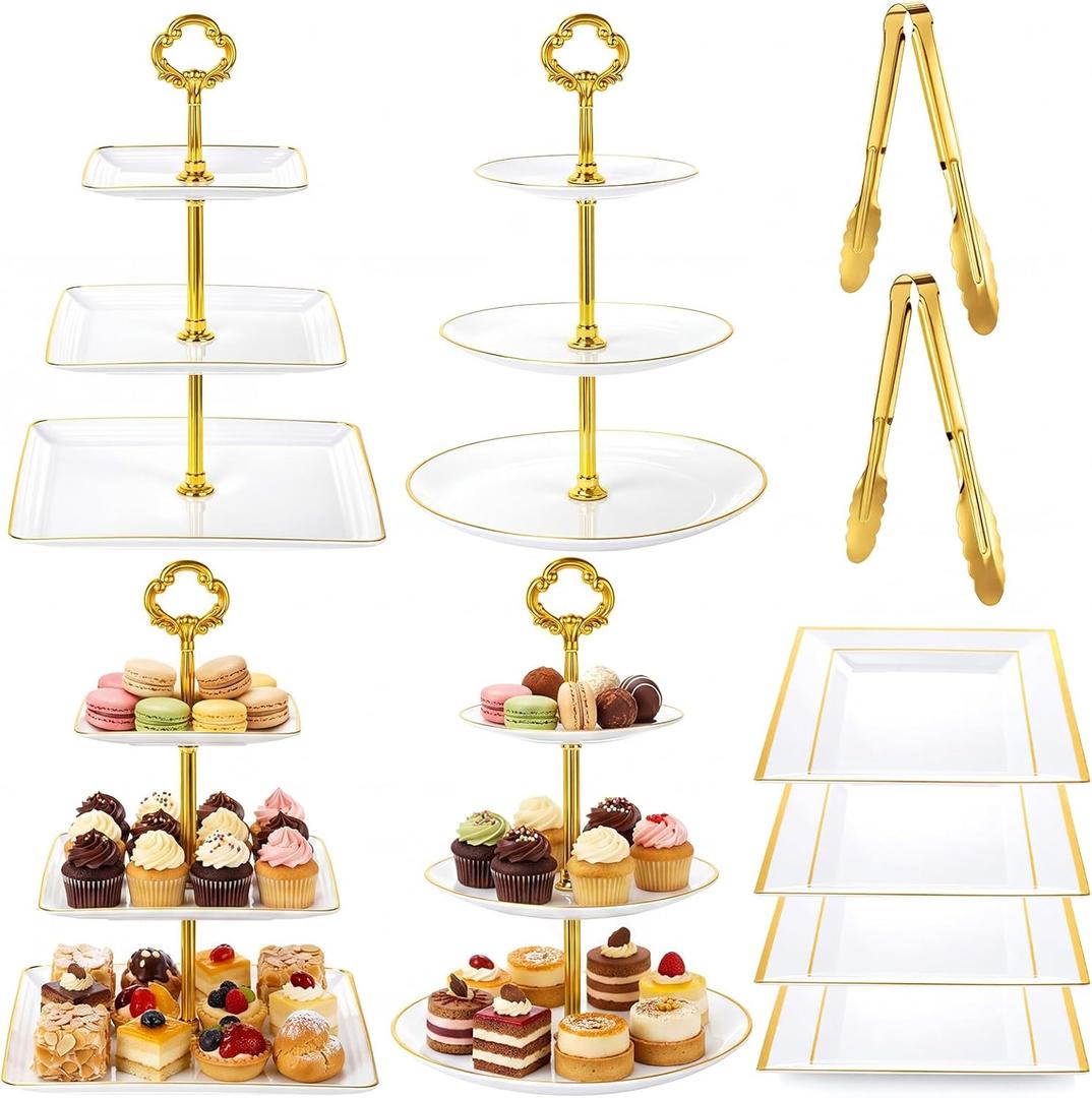 Willinglong 10 Pack Cake Stand Set Cake Stand with Gold Rim, 4 Three-tier Cupcake Stands, 4 Serving Trays, and 2 Tongs for Dessert Table Display, Elegant Plastic Pastry Tower for Weddings Showers