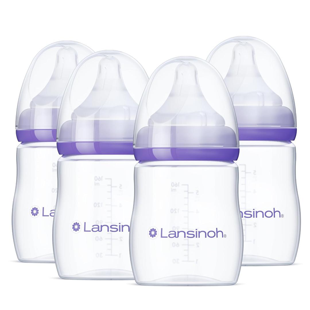 Lansinoh Anti-Colic Baby Bottles, BPA-Free Plastic, 5 Ounces, 4 Count, Extra Slow Flow Nipples (Size XS), Breastfeeding Bottle with NaturalWave Design