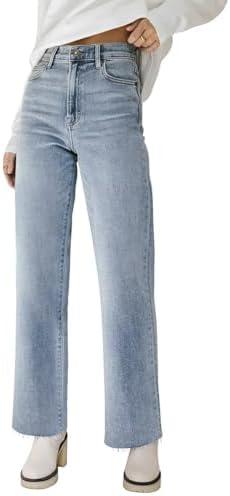 KDF Straight Leg Jeans for Women High Waisted Jeans Frayed Baggy Pants Raw Hem Loose Stretchy Cropped Wide Leg Jeans, Size M