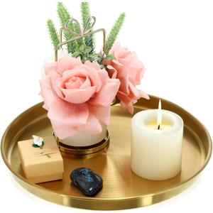 Thenshop 1 Pcs 12 Inch Gold Round Serving Tray Stainless Steel Circle Decorative Vanity Gold Plate Metal Jewelry Makeup Organizer Dishes for Gift Wedding Coffee Table Bathroom Dessert Christmas