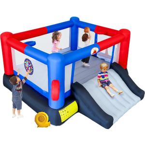 WELLFUNTIME Inflatable Bounce House & Bouncy Castle with Blower, 7 in 1 Jumping Castle, 160x138x60 Inch for 4 Kids, Slide, Ball Pit, 2 Basketball Hoops, Ringtoss & Dartboard